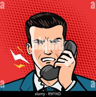 L'uomo arrabbiato parlando al telefono. Il concetto di business. La Pop art rétro in stile fumetto. Fumetto illustrazione vettoriale Illustrazione Vettoriale