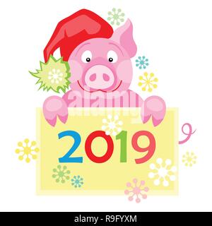 Anno Nuovo 2019 card con suini carini. Simbolo dell'anno nel calendario cinese Illustrazione Vettoriale