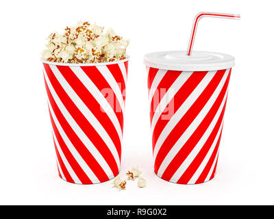 Il Popcorn nella benna a strisce con cola nella coppa da asporto isolati su sfondo bianco, rendering 3D Foto Stock
