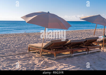 Sedie a sdraio e gli ombrelloni allineati sulla spiaggia di South Beach, Florida Foto Stock