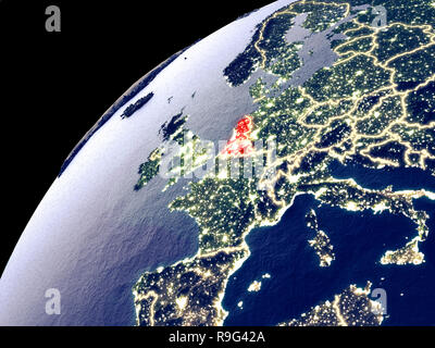 Vista satellitare di unione Benelux sulla Terra con le luci della città. Estremamente dettagliata pianeta di plastica superficie con la montagna vera e propria. 3D'illustrazione. Elementi del Foto Stock