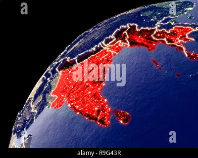 Vista satellitare del BIMSTEC memeber membri sulla Terra con le luci della città. Estremamente dettagliata pianeta di plastica superficie con la montagna vera e propria. 3D'illustrazione. El Foto Stock