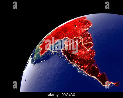 Vista satellitare del Mercosur memebers sulla Terra con le luci della città. Estremamente dettagliata pianeta di plastica superficie con la montagna vera e propria. 3D'illustrazione. Elemento Foto Stock