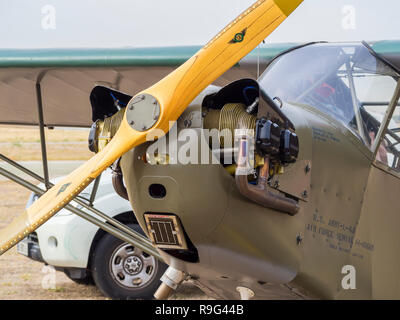 Dettaglio del naso e motore di un aereo Piper L-4 appartenenti alla Fondazione "Infante Orleans". Foto Stock