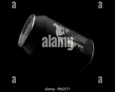 3D Rendering di alluminio vuoto birra o una bibita analcolica può su sfondo nero Foto Stock