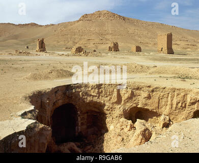 La Siria. Palmyra. La Valle delle Tombe. Torri funerarie. Oasi di Tadmor. ca. 1 ° secolo. Epoca romana. Foto scattata prima della Siria guerra civile. Foto Stock