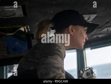 USS Stennis Air Craft Carrier, Oman. 23 Dic, 2018. Musica Country cantante Kellie Pickler si affaccia dal ponte della portaerei USS John C. Stennis prima di prendere parte alla Joint Chiefs OSU Christmas Show per servizio distribuito ai membri 23 dicembre 2018 nel Golfo Persico. Questo anno di animatori includono attori Milo Ventimiglia, Wilmer Valderrama, DJ J Dayz, più forti uomo sulla terra Matt Fraser, 3-tempo campione olimpionico Shaun White, Musica Country cantante Kellie Pickler, e comico Jessiemae Peluso. Credito: Planetpix/Alamy Live News Foto Stock