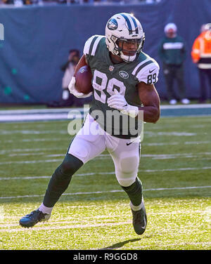 East Rutherford, New Jersey, USA. 23 Dic, 2018. dNew York getti estremità stretta Chris Herndon (89) su una cattura e di eseguire la riproduzione durante un gioco di NFL tra Green Bay Packers e New York getti alla MetLife Stadium di East Rutherford, New Jersey. Il New York getti sono storditi dal Green Bay Packers 44-38 in ore di lavoro straordinario. Duncan Williams/CSM/Alamy Live News Foto Stock