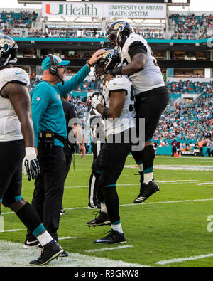 Giardini di Miami, FL, Stati Uniti d'America. 23 Dic, 2018. Calais Campbell #93 di Jacksonville ris congratulato da Taven Bryan #90 e coordinatore difensivo Todd lavare durante la NFL partita di calcio tra i delfini di Miami e Jacksonville Jaguars al Hard Rock Stadium di Miami FL. I giaguari hanno sconfitto i delfini 17-7. Credito: csm/Alamy Live News Foto Stock