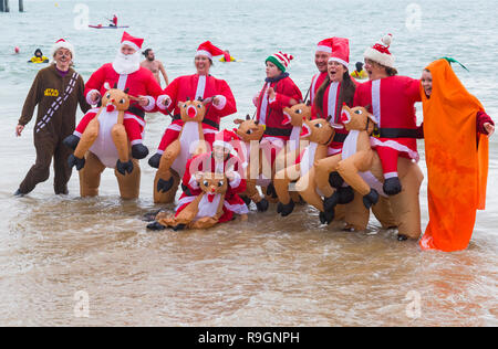 Boscombe, Bournemouth, Dorset, Regno Unito. Giorno di Natale 25 dicembre 2018. Volontari coraggiosi si tuffano nel freddo mare agitoso per una nuotata, per l'annuale immersione di Natale bianca di beneficenza, vestiti con costumi di fantasia e raccogliendo denaro per Macmillan che si prende cura a Christchurch, una Specialist Palliative Care Unit per i pazienti nella comunità locale. Centinaia di persone partecipano all'evento che è diventato una tradizione popolare per molti prima del pranzo di Natale. Credit: Carolyn Jenkins/Alamy Live News Foto Stock