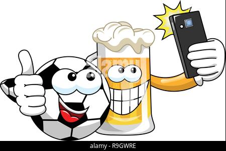 Cartoon birra e pallone da calcio tenendo selfie con lo smartphone isolato Illustrazione Vettoriale