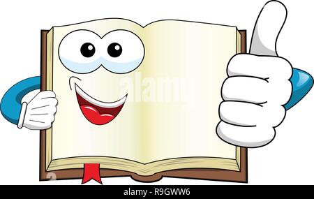 Il Mascot libro aperto il pollice fino copia spazio isolato su bianco Illustrazione Vettoriale