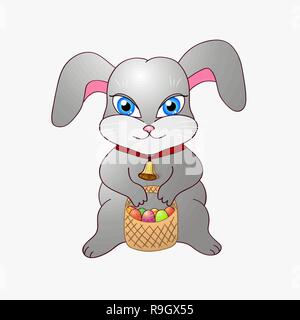 Simpatico coniglietto di Pasqua con una campana intorno al suo collo e un cesto di uova dipinte Illustrazione Vettoriale