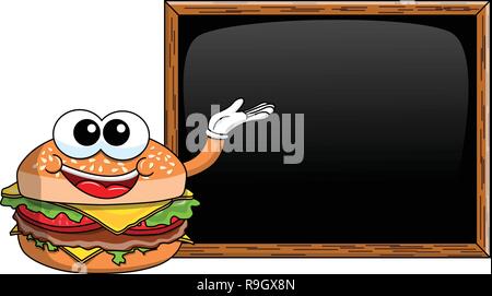 Cartoon hamburger presentanti caratteri vuoti o lavagna Lavagna isolato Illustrazione Vettoriale