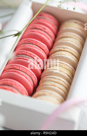 Corallo e torte beige macarons o amaretti in una scatola regalo bianca. Il concetto di giorno di San Valentino e la molla è in festa. Foto Stock