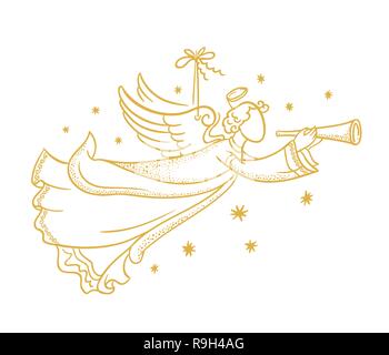 Golden Angel isolato silhouette appeso a una corda e fiocchi di neve Illustrazione Vettoriale