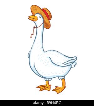 Oca Bianca con un cappello isolati su sfondo bianco, oca maschio. Cartoon funny goose, pollame, degli animali da allevamento Illustrazione Vettoriale
