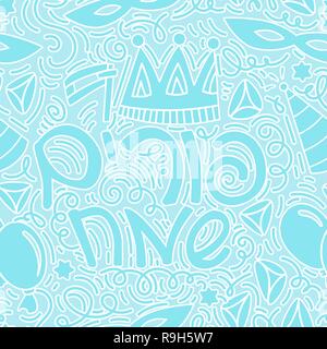 Purim seamless pattern con cappelli, grogger, corona, hamantaschen e testo ebraico felice Purim. Monocromatico illustrazione vettoriale in disegnati a mano stiyle scarabocchi. Sfondo blu Illustrazione Vettoriale