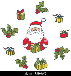 Ritratto di Babbo Natale e regali. Elementi per Natale e Anno Nuovo design Illustrazione Vettoriale