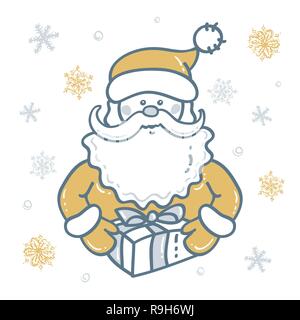 Ritratto di Babbo Natale regalo con lo sfondo di fiocchi di neve in oro - argento toni. Elementi di design Natale Illustrazione Vettoriale