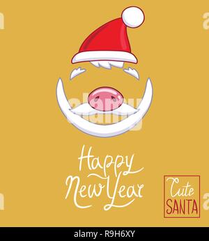 Santa Claus hat, piggy naso, barba e baffi con la scritta Felice Anno Nuovo. Disegnata a mano stile design vettoriali per illustrazione Illustrazione Vettoriale