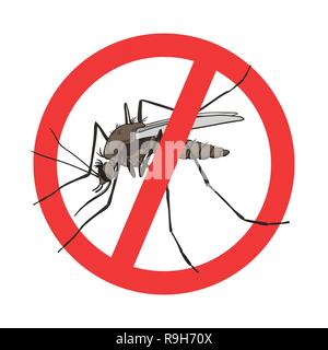 Arresto di segno di zanzara, immagine vettoriale in un rosso sbarrato cerchio. Avviso di zanzara, vietata segno, no mosquito Illustrazione Vettoriale