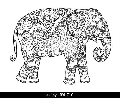 Disegno zentangle elefante, per libro da colorare per adulti o altre decorazioni. Versione in bianco e nero illustrazione Illustrazione Vettoriale