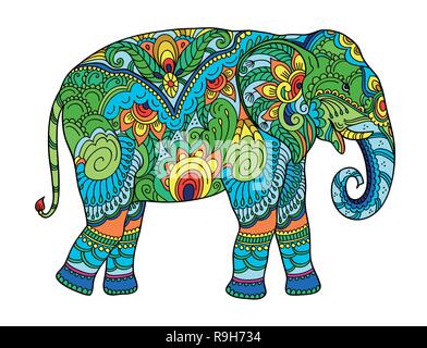 Disegno elefante stilizzato. Disegno a mano libera per adulti anti stress libro da colorare per adultpage con doodle e elementi zentangle Illustrazione Vettoriale