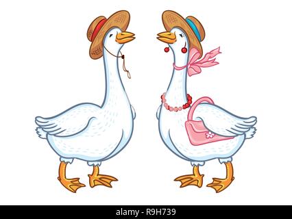 Coppia di oche con un cappello, schizzo su uno sfondo bianco, cartoon funny goose, pollame domestico carattere della natura Illustrazione Vettoriale