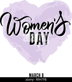 Felice Womens giorno scritto a mano il testo letterale, calligrafia. la tipografia. Vector scrittura in nero sul cuore ad acquerello. Scheda. flyer, banner, poster, etichette, t Illustrazione Vettoriale