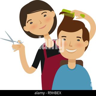 Parrucchiere il taglio di capelli. Gli uomini di acconciatura, salone di bellezza concetto. Funny cartoon illustrazione vettoriale Illustrazione Vettoriale