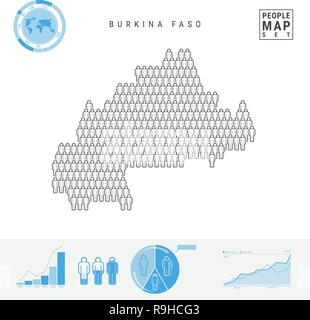 Il Burkina Faso Persone Mappa Icona. Le persone si affollano nella forma di una Mappa di Burkina Faso. Silhouette stilizzata del Burkina Faso. Tasso di crescita e di invecchiamento della popolazione Inf Illustrazione Vettoriale