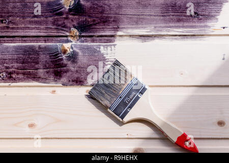 La metà di legno verniciato superficie. Colore nero. La verniciatura di legno naturale con spazzola di vernice.verniciatura legno naturale parete con la spazzola.mettere strato di lacca trasparente sulla superficie di faggio top table. legno manutenzione olio-cera Foto Stock