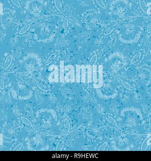 Blu sfondo invecchiato decorate con motivi floreali frosty ornamento composizione. Illustrazione Vettoriale
