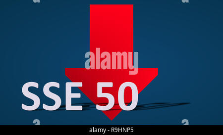 La Cina indice del mercato azionario SSE 50 di Shanghai Stock Exchange è caduta. La freccia rossa dietro l'etichetta mostra verso il basso su uno sfondo blu... Foto Stock