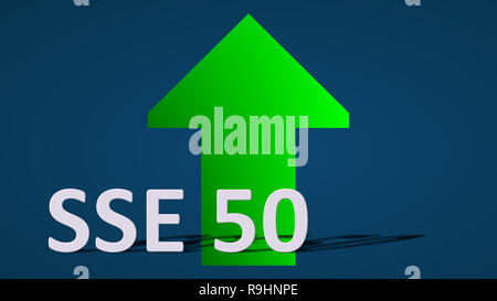 La Cina indice del mercato azionario SSE 50 di Shanghai Stock Exchange sta andando verso l'alto. Una freccia verde dietro il SSE 50 etichetta è che mostra verso l'alto su un blu... Foto Stock