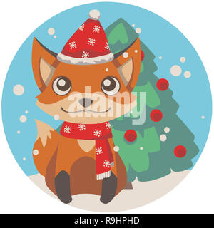 Carino stile cartoon fox con santa hat inverno sciarpa e albero di natale illustrazione per bambini Foto Stock