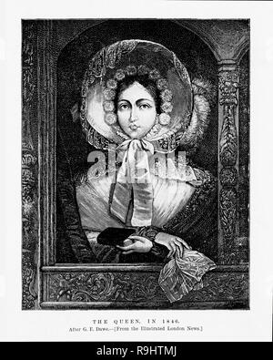 Incisi ritratto della regina Victoria in 1846 indossando un cofano e in possesso di un libro, dal Illustrated London News, Giugno 1887 Foto Stock