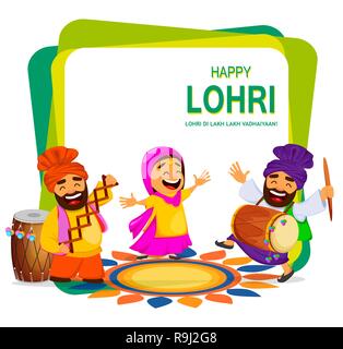 Inverno popolare Punjabi folk festival Lohri. Funny donna indiana e due uomini Sikh per celebrare le vacanze. I personaggi dei cartoni animati a ballare. Illustrazione Vettoriale Illustrazione Vettoriale