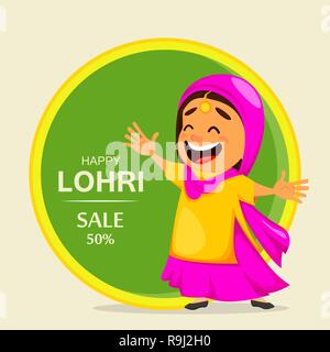 Inverno popolare Punjabi folk festival Lohri. Funny donna indiana per celebrare le vacanze. Personaggio dei fumetti a ballare. Illustrazione Vettoriale per la vendita Illustrazione Vettoriale