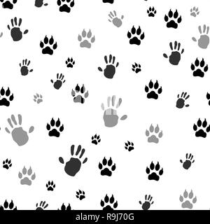 Handprint umana e animale stampa zampa senza giunture. Illustrazione Vettoriale. Isolato su sfondo bianco Illustrazione Vettoriale