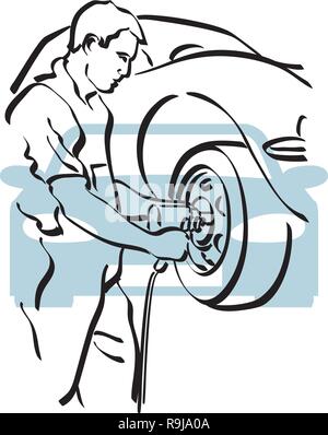 Illustrazione di un meccanico al lavoro in una riparazione auto shop Illustrazione Vettoriale