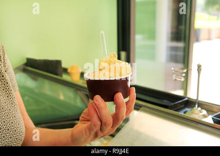 La mano femminile è in possesso di gelato in cartone coppa di gelato. Frigorifero con gelato in background. La donna lavora in gelateria. Pasticceria. Foto Stock