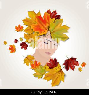 Ragazza profilo stilizzato design con foglie di autunno, illustrazione vettoriale Illustrazione Vettoriale