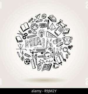 Icone di scuola, schizzo collezione in stile doodle, illustrazione vettoriale Illustrazione Vettoriale