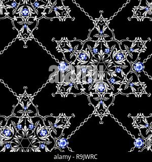 Modello senza cuciture con attraversata catene in argento e la stella di Davide con gemme Foto Stock