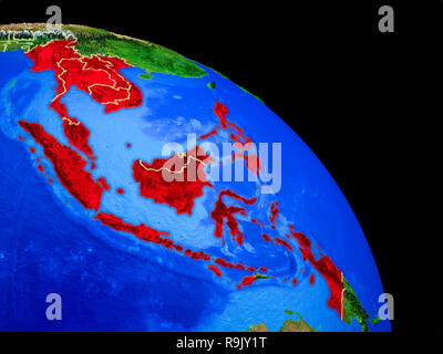 L'ASEAN memeber membri sul pianeta Terra dallo spazio con i confini. Molto bene i dettagli del pianeta superficie. 3D'illustrazione. Gli elementi di questa immagine furn Foto Stock