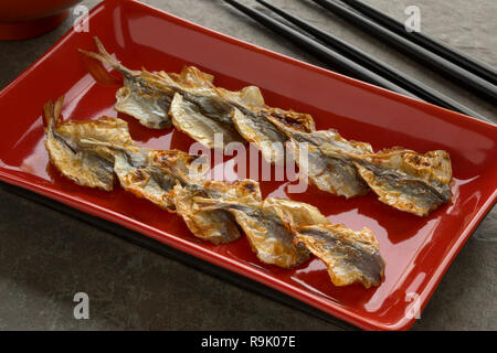 Grigliate giapponesi sugarello snack su una targhetta rossa Foto Stock