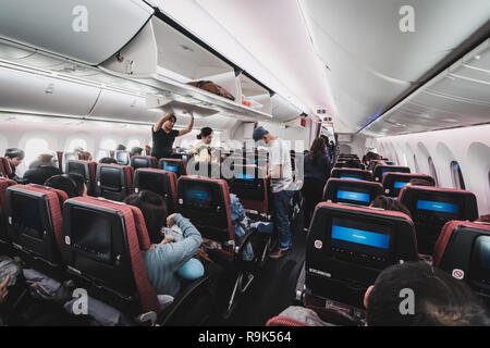 Chiba, Giappone - 16 Aprile 2017: all'interno della cabina della Japan Airlines Boeing 787-900. Il passeggero sono memorizzare i loro bagagli e appartenenti prima del decollo Foto Stock