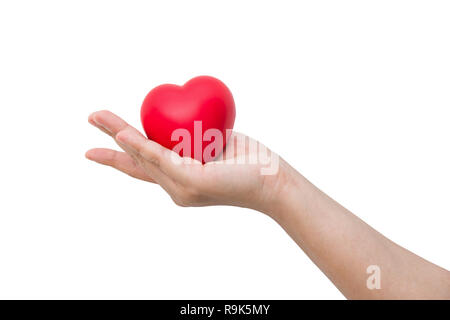 Cuore rosso sfera : Stress mitigatore di sfere di schiuma il cuore rosso forma sulla donna canto isolato su sfondo bianco con tracciato di ritaglio Foto Stock